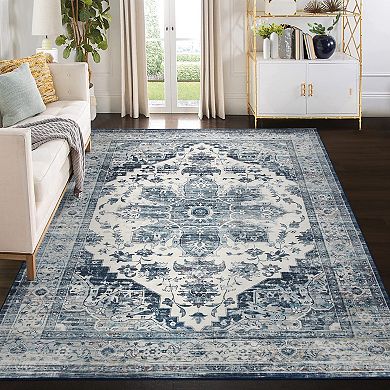 Vintage Area Rug Machine Washable Low Pile Pet Friendly Foldable Floor Cover for Living Room