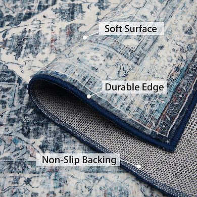 Vintage Area Rug Machine Washable Low Pile Pet Friendly Foldable Floor Cover for Living Room