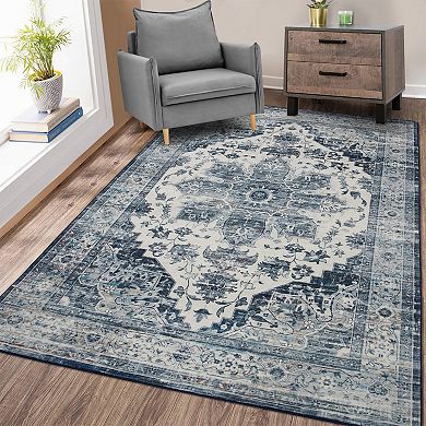 Vintage Area Rug Machine Washable Low Pile Pet Friendly Foldable Floor Cover for Living Room