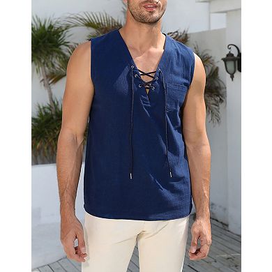 Men's Tank Top Shirts Casual Sleeveless Lace Up Beach Tunic