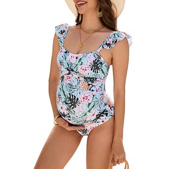 Womens Floral Print Ruffle Strap Maternity Monokini Swimsuit Square Neck Vacation Swimwear