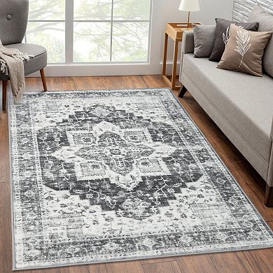 Medallion Area Rug Non Slip Foldable Low Pile Pet Friendly Floor Cover for Living Room Kitchen