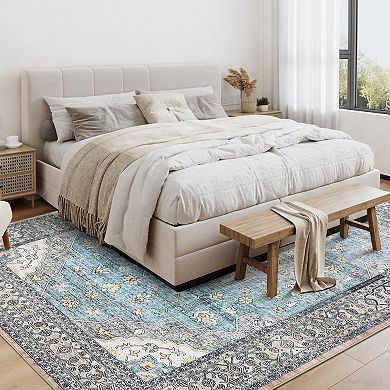 Distressed Area Rug Machine Washable Non Slip Stain Resistant Floor Cover for Living Room Laundry