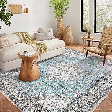 Distressed Area Rug Machine Washable Non Slip Stain Resistant Floor Cover for Living Room Laundry