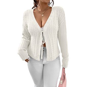 Plus Size Long Sleeve Knit Cardigan V Neck Tie Front Sweater for Casual Wear