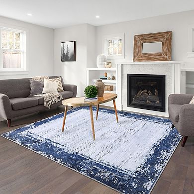 Distressed Bordered Area Rug Machine Washable Non Slip Non Shedding Floor Cover for Living Room
