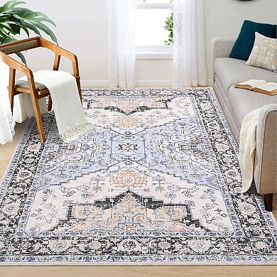 Vintage Floral Area Rug Machine Washable Ultra Thin Stain Resistant Carpet for Dining Room Bedroom