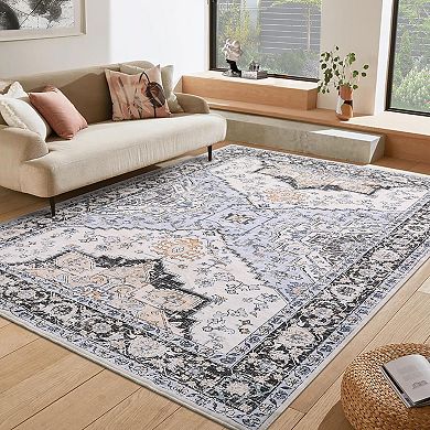 Vintage Floral Area Rug Machine Washable Ultra Thin Stain Resistant Carpet for Dining Room Bedroom