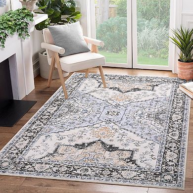 Vintage Floral Area Rug Machine Washable Ultra Thin Stain Resistant Carpet for Dining Room Bedroom