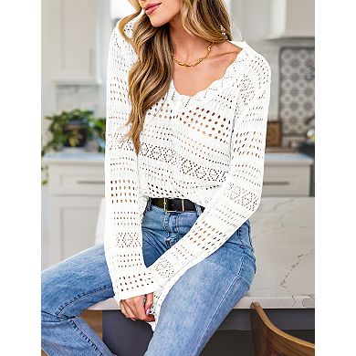 Women's Crochet Hollow Out Pullover Sweater Lightweight Long Sleeve Casual Knit