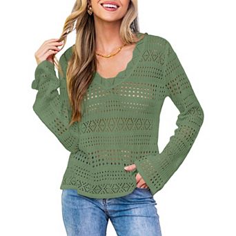 Women's Crochet Hollow Out Pullover Sweater Lightweight Long Sleeve Casual Knit