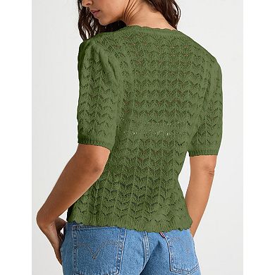 Women's Short Sleeve Cardigan V-Neck Lightweight Button-Up Knit Casual Top