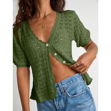 Women's Short Sleeve Cardigan V-Neck Lightweight Button-Up Knit Casual Top