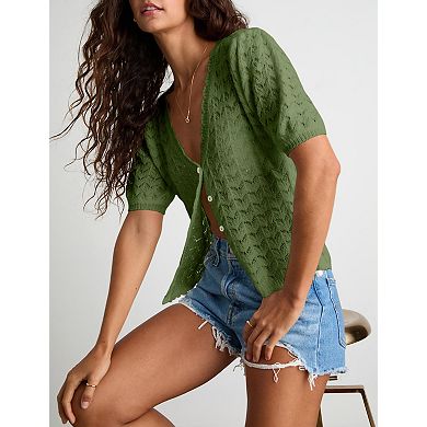 Women's Short Sleeve Cardigan V-Neck Lightweight Button-Up Knit Casual Top