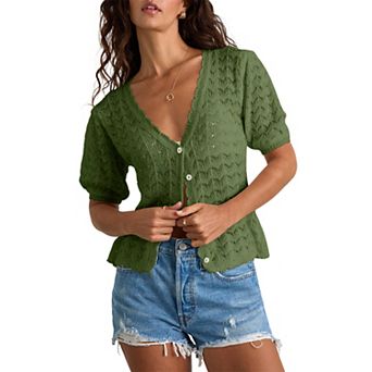 Women's Short Sleeve Cardigan V-Neck Lightweight Button-Up Knit Casual Top