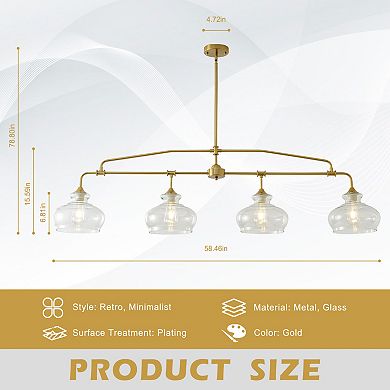 Modern Gold Linear Chandelier, Brass Kitchen Island Pendant with Clear Glass Shades