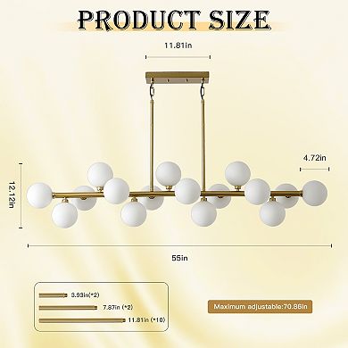 55" Modern Linear Chandelier, 16-Light Large Dining Room Light Fixture with Smoke Glass Globes