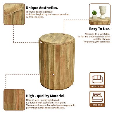 18 Inch Round Side Table, Solid Wood End Table with Gold Geometric Design & Wave Patter