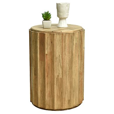 18 Inch Round Side Table, Solid Wood End Table with Gold Geometric Design & Wave Patter
