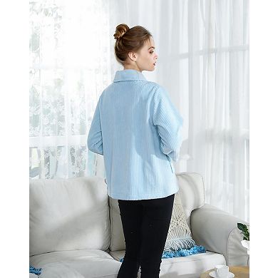 Loungees Women's Drop Needle Coral Fleece Shawl Collar Button FrontBed Jacket