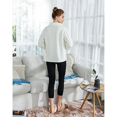 Loungees Women's Drop Needle Coral Fleece Shawl Collar Button FrontBed Jacket