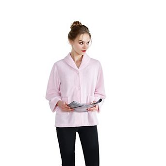 Loungees Women's Drop Needle Coral Fleece Shawl Collar Button FrontBed Jacket