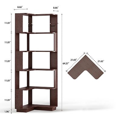 6 Tier Freestanding L-Shaped Corner Bookshelf, Dark Red