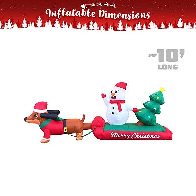 G128 10 ft L D achshund Snowman with Christmas Tree Inflatable Decor with LED Lights