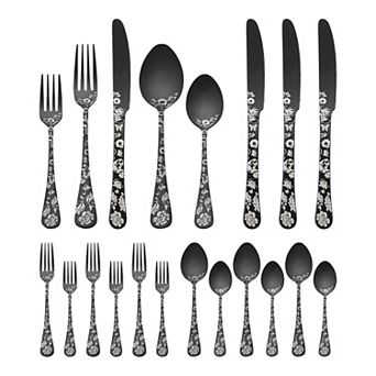 20 pc Floral Stainless Steel Flatware Set for 4, Cutlery Set Includes Dinner Knife, Fork, Spoon