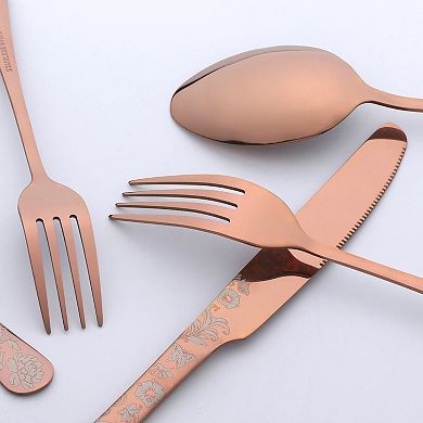 30 Piece Floral Stainless Steel Flatware Set for 6, Modern Cutlery Set for Dinner