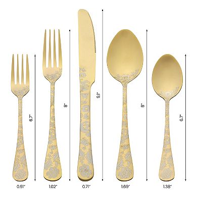 30 Piece Floral Stainless Steel Flatware Set for 6, Modern Cutlery Set for Dinner