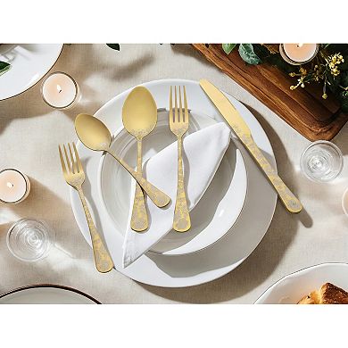 30 Piece Floral Stainless Steel Flatware Set for 6, Modern Cutlery Set for Dinner