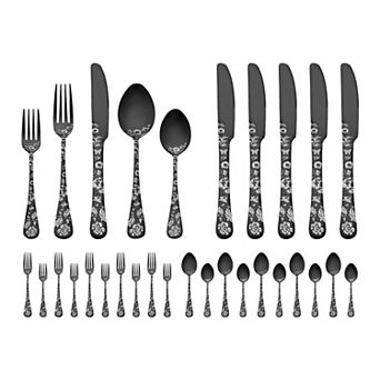 30 pc Floral Stainless Steel Flatware Set for 6, Modern Cutlery Set for Dinner