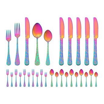 30 pc Floral Stainless Steel Flatware Set for 6, Modern Cutlery Set for Dinner