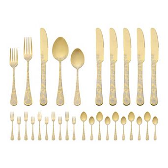 30 pc Floral Stainless Steel Flatware Set for 6, Modern Cutlery Set for Dinner