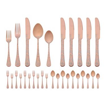 30 pc Floral Stainless Steel Flatware Set for 6, Modern Cutlery Set for Dinner