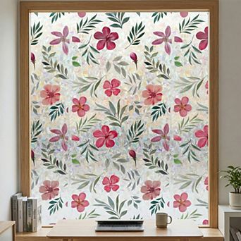 Flowers Window Film No Glue Privacy for Glass Sticker Static Cling Decor 1 Sheet 39.4 x 17.7 inch