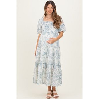 Maternity Vintage Floral Puff Sleeve Tiered Maxi Dress