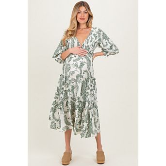 Maternity Damask Smocked Ruffle Tier Midi Dresses