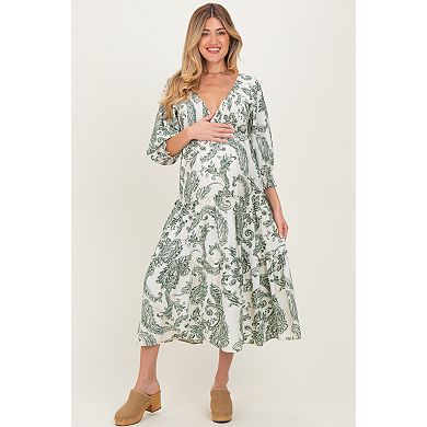 Maternity Damask Smocked Ruffle Tier Midi Dresses