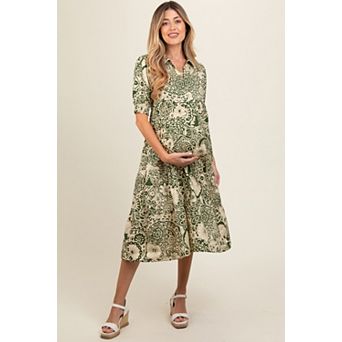 Maternity Floral Collared Tiered Midi Dress