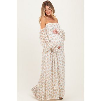 Maternity Floral Lace Smocked Long Sleeve Off Shoulder Maxi Dress