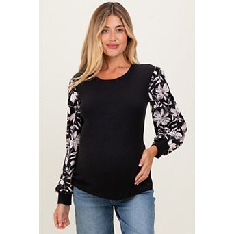 Maternity Floral Sleeve Ribbed Knit Top