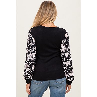 Maternity Floral Sleeve Ribbed Knit Top