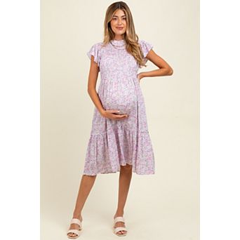Maternity Floral Mock Neck Smocked Ruffe Sleeve Midi Dress