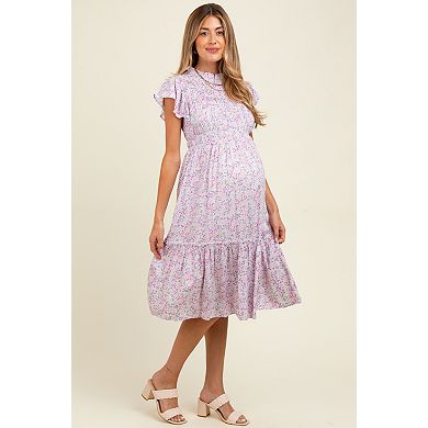 Maternity Floral Mock Neck Smocked Ruffe Sleeve Midi Dress
