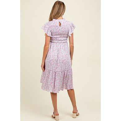 Maternity Floral Mock Neck Smocked Ruffe Sleeve Midi Dress