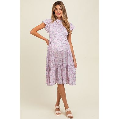 Maternity Floral Mock Neck Smocked Ruffe Sleeve Midi Dress