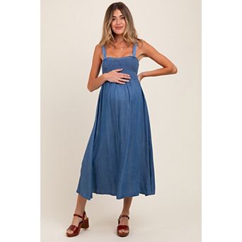 Maternity Smocked Chambray Tie Back Cutout Midi Dress