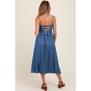 Maternity Smocked Chambray Tie Back Cutout Midi Dress